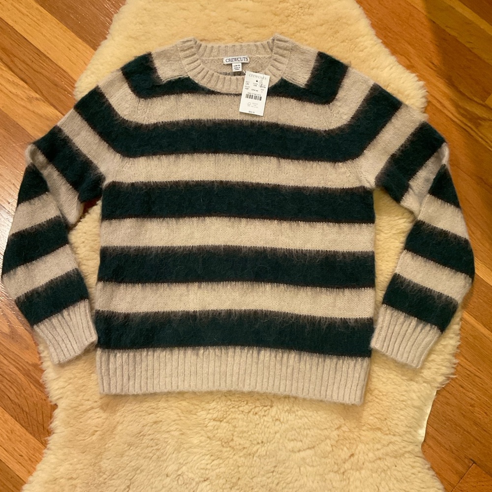 Crewcuts fuzzy green and beige striped sweater